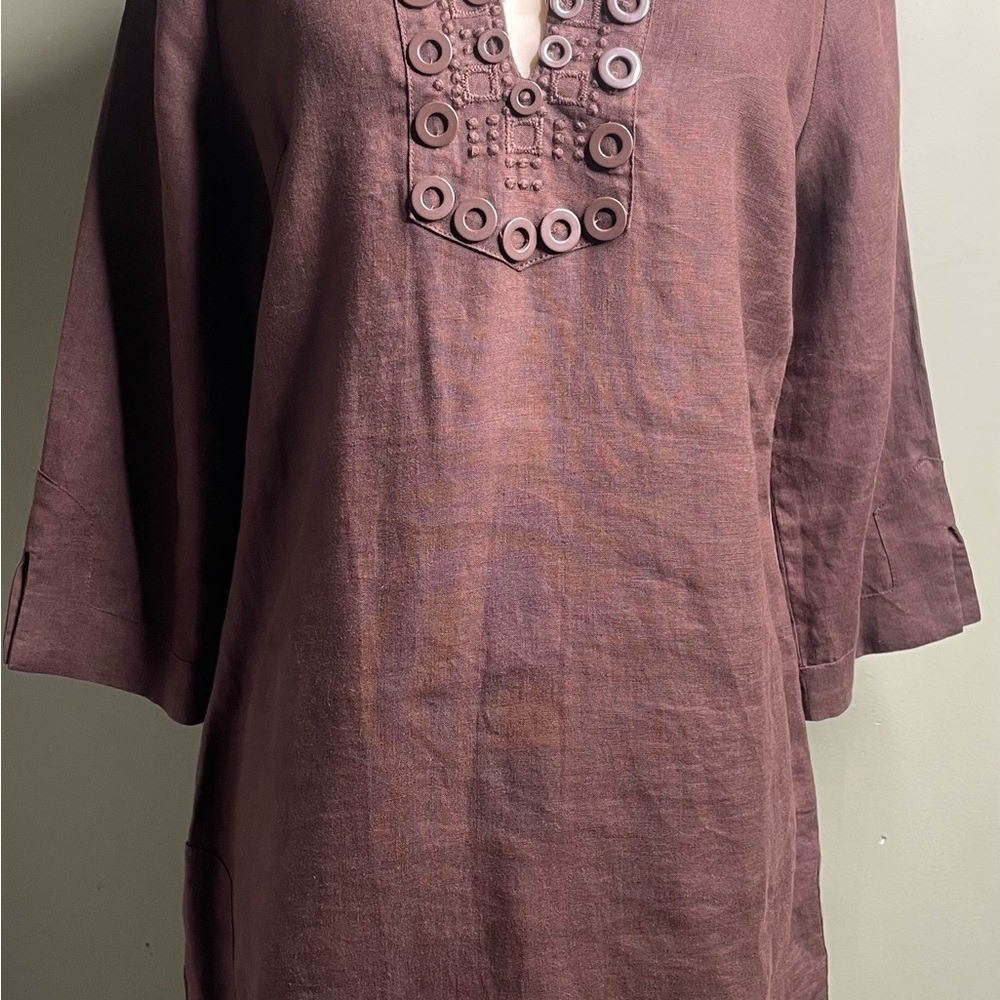 KENAR Brown 100% Linen Embellished V-Neck Tunic‎ Top Women's Medium